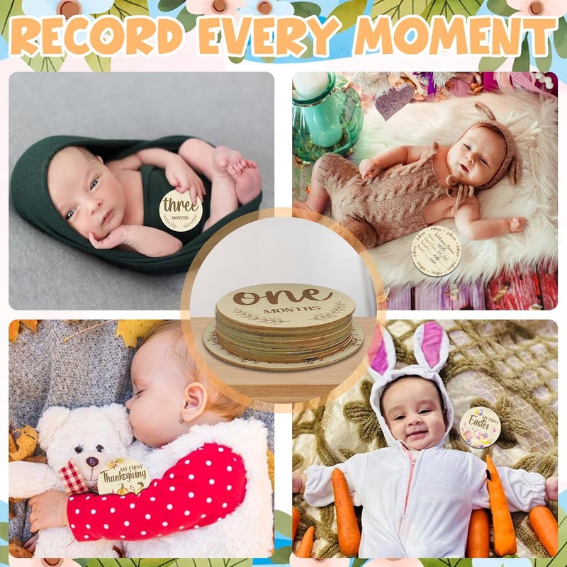 Threetols 11PCS Wooden Baby Monthly Milestone Cards Sign, Double Sided Newborn Photography Prop Pregnancy Journey Baby Growth Monthly Milestone Wood Discs Baby Shower Gifts - Image 4